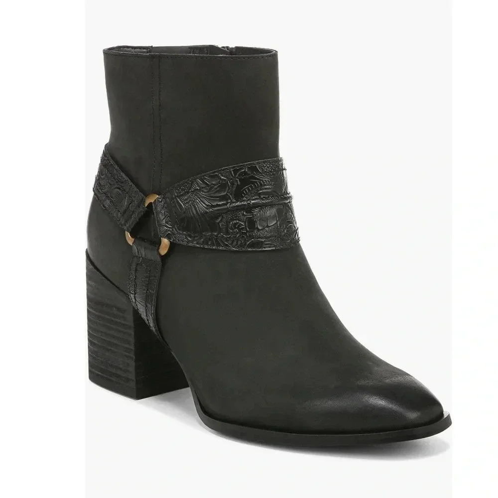 VIONIC CARNELIA ANKLE BOOTS OILED NUBUCK EMBOSSED DETAILING HEEL BLACK SIZE 8 US